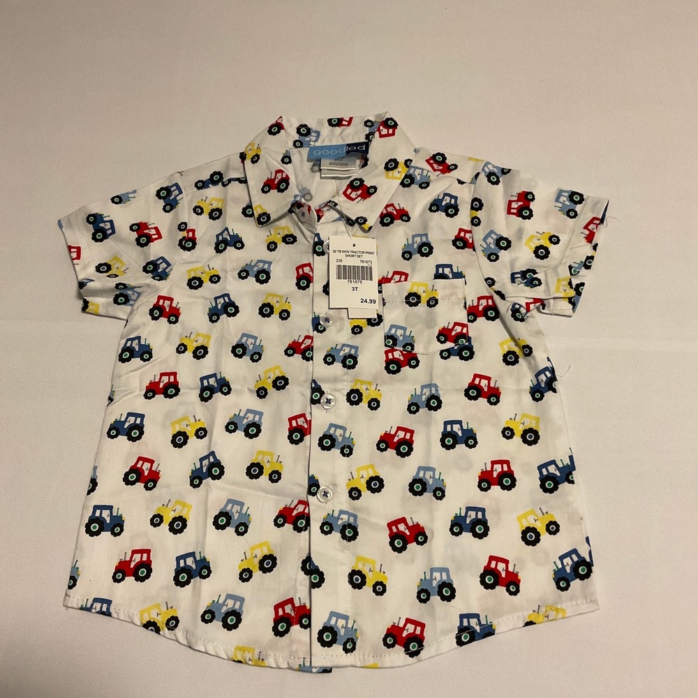 Good Lad Tractor Print Shirt Toddler 3T White NWT Short Sleeve Button Up - Picture 2 of 5